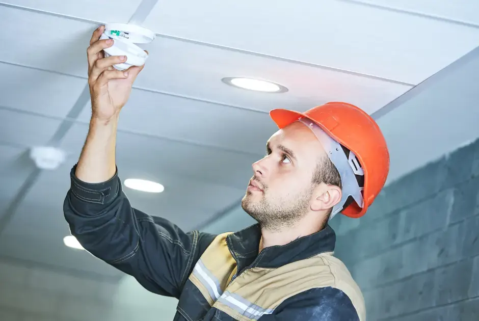Electrician testing a smoke alarm in a home to confirm it is in full working order