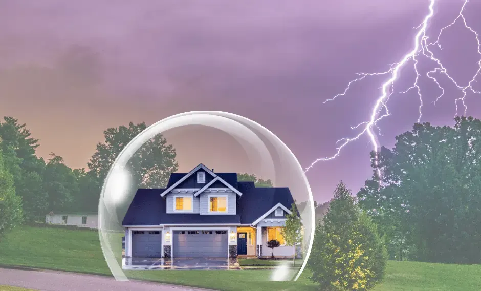 Illustration of a home protected from a lightning-related power surge by surge protection devices